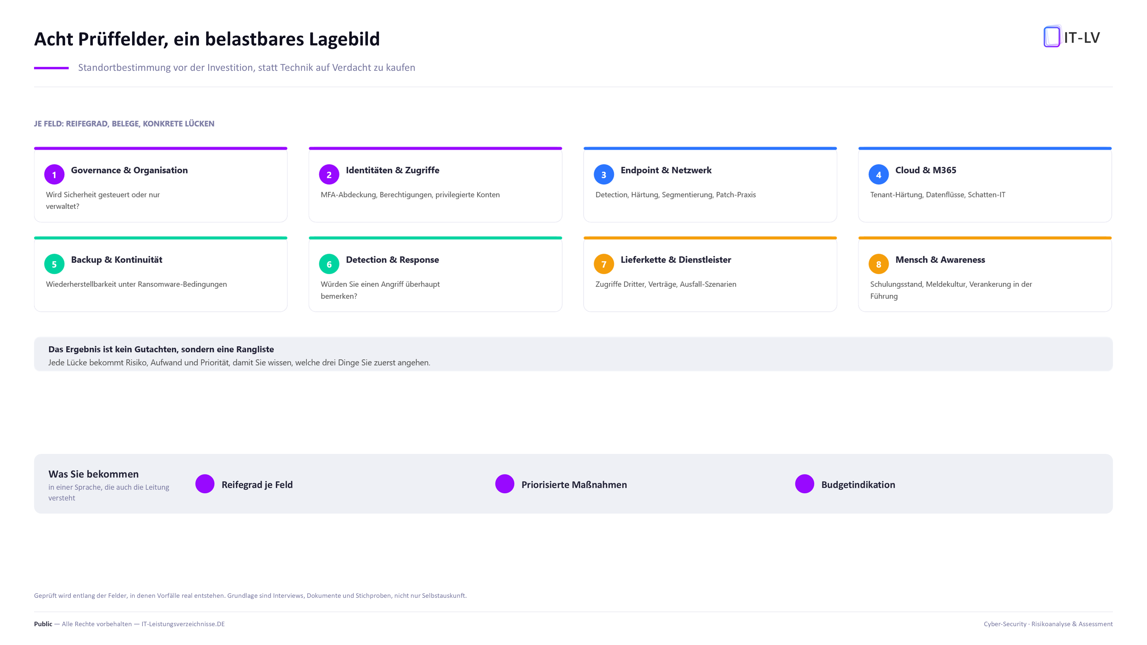 Acht Prueffelder der Risikoanalyse von Governance ueber Identitaeten, Endpoint, Cloud, Backup, Detection und Lieferkette bis Awareness, je Feld Reifegrad und konkrete Luecken
